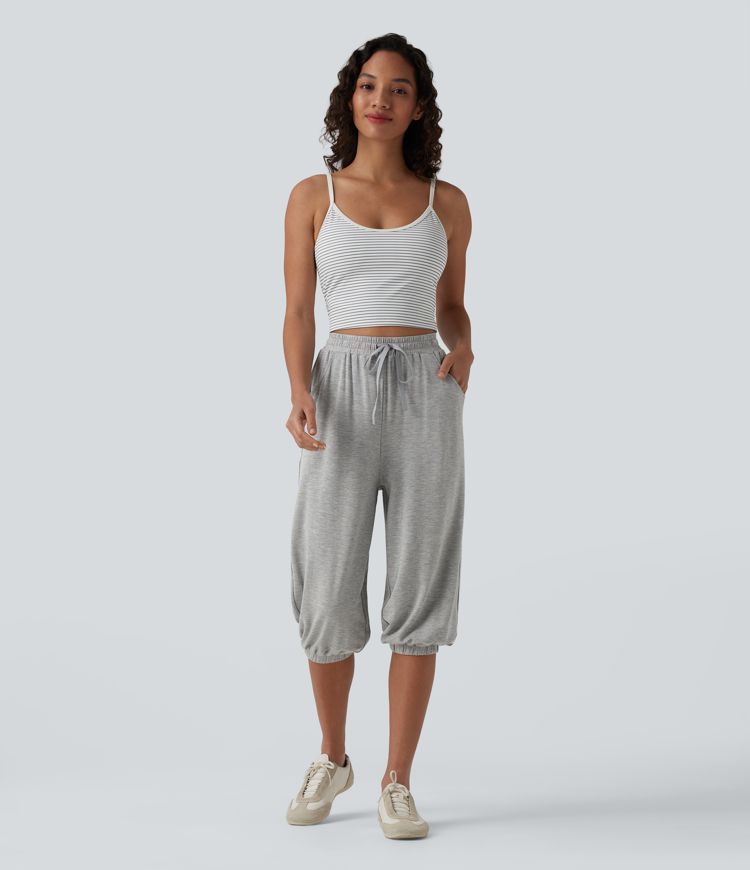 Joggers capri casuales de cintura alta con cordón y bolsillos