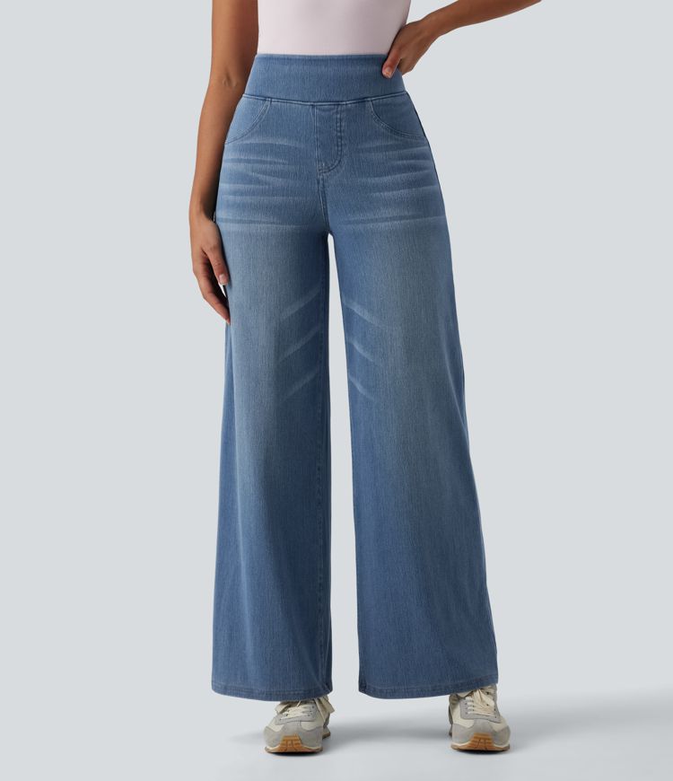 Halara Flex™ jean décontracté taille haute à effet ventre plat, coupe large, avec poches