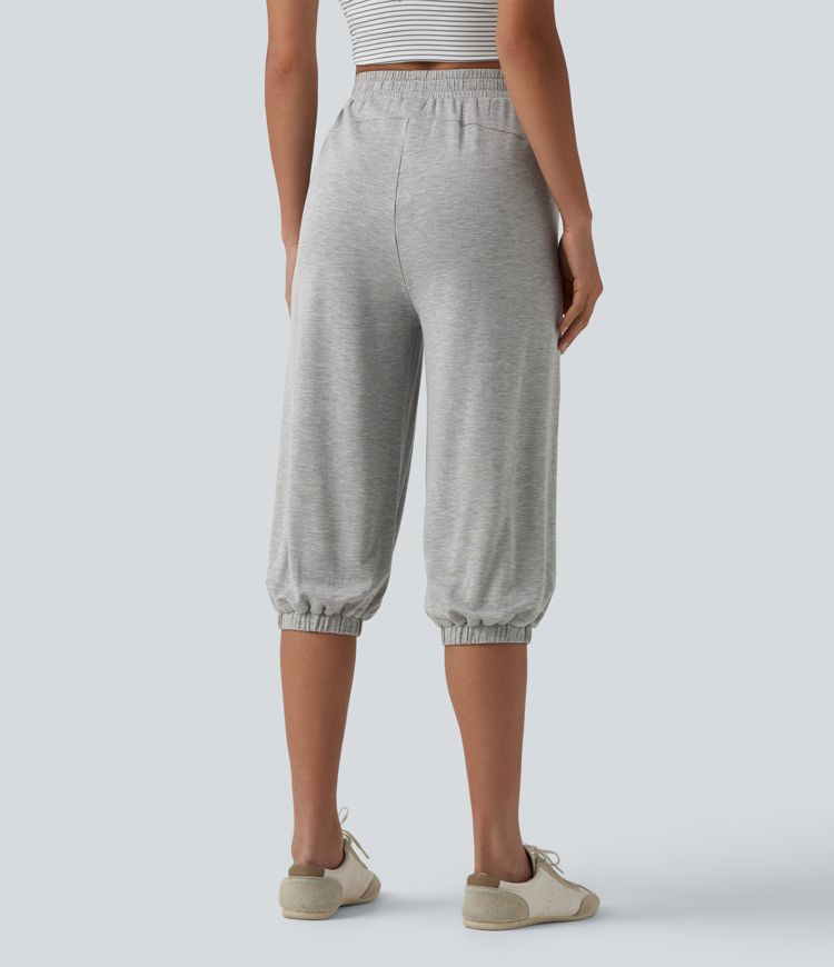 Joggers capri casuales de cintura alta con cordón y bolsillos