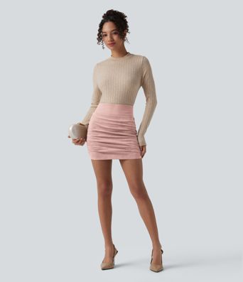 High Waisted Tummy Control Ruched Curved Hem Bodycon 2-in-1 Suede Mini Skirt