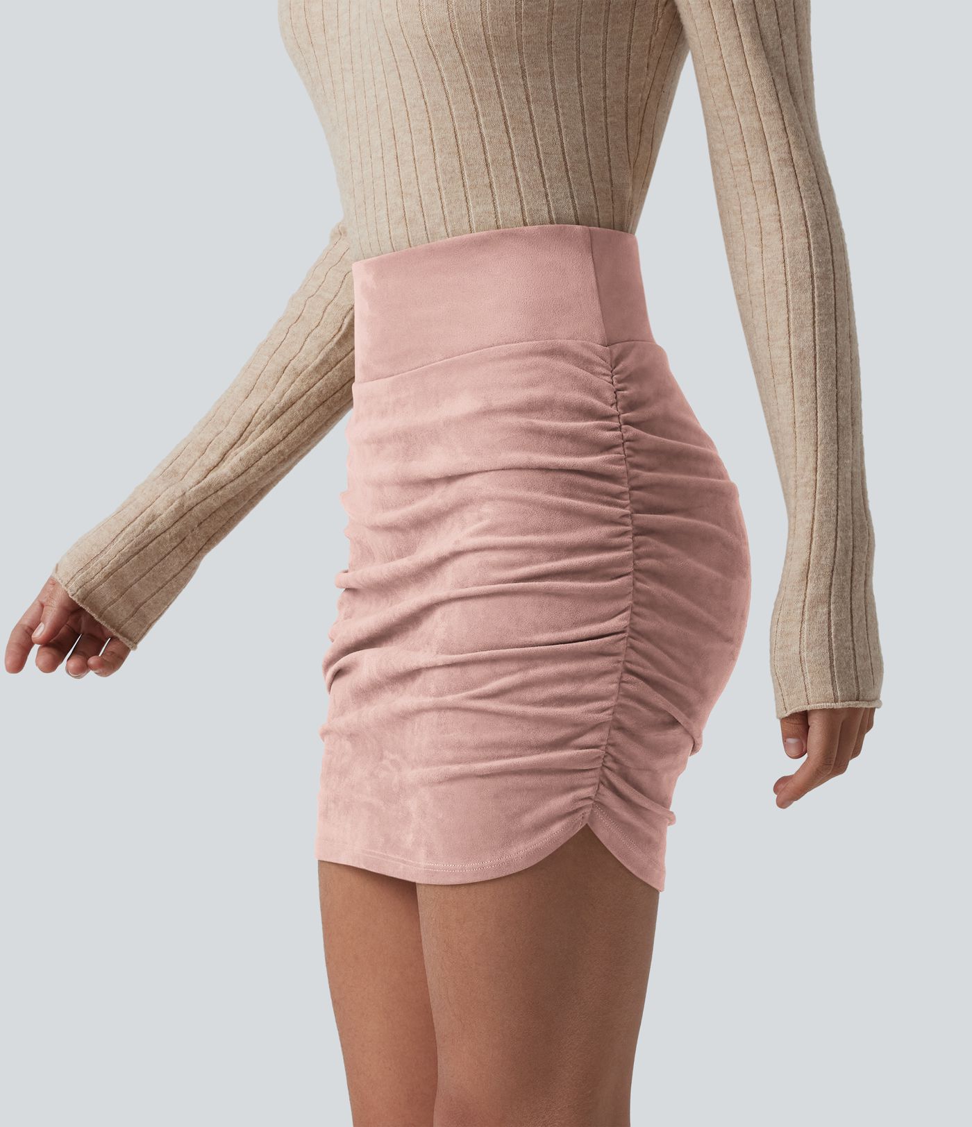 High Waisted Tummy Control Ruched Curved Hem Bodycon 2-in-1 Suede Mini Skirt