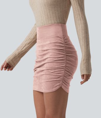 High Waisted Tummy Control Ruched Curved Hem Bodycon 2-in-1 Suede Mini Skirt