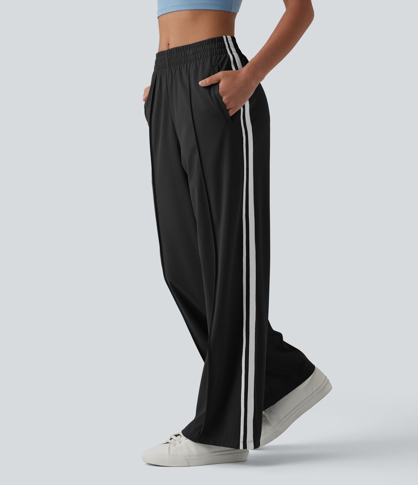 Mid Rise Color Block Stripes Quick Dry Casual Straight Leg Pants with Pockets-UPF40+