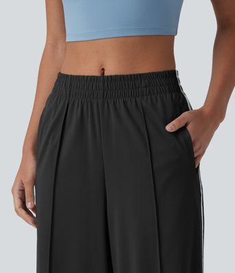 Mid Rise Color Block Stripes Quick Dry Casual Straight Leg Pants with Pockets-UPF40+