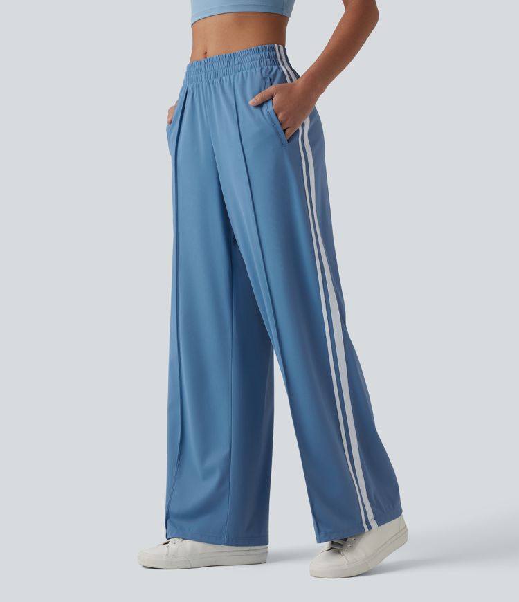 Mid Rise Color Block Stripes Quick Dry Casual Straight Leg Trousers with Pockets-UPF40+