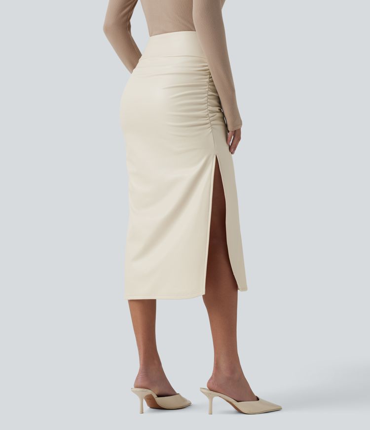 High Waisted Tummy Control Ruched Curved Hem 2-in-1 Fleece PU Midi Casual Skirt