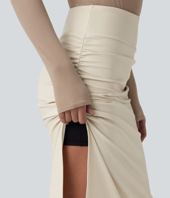 High Waisted Tummy Control Ruched Curved Hem 2-in-1 Fleece PU Midi Casual Skirt