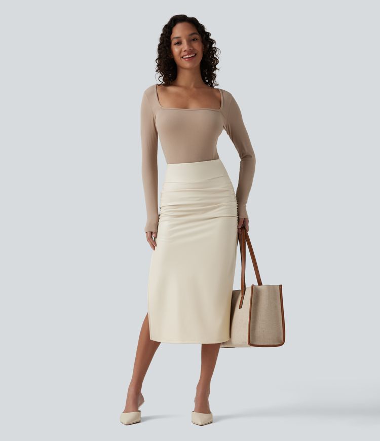 High Waisted Tummy Control Ruched Curved Hem 2-in-1 Fleece PU Midi Casual Skirt