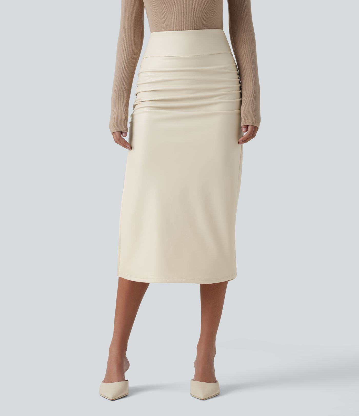 High Waisted Tummy Control Ruched Curved Hem 2-in-1 Fleece PU Midi Casual Skirt