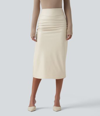High Waisted Tummy Control Ruched Curved Hem 2-in-1 Fleece PU Midi Casual Skirt