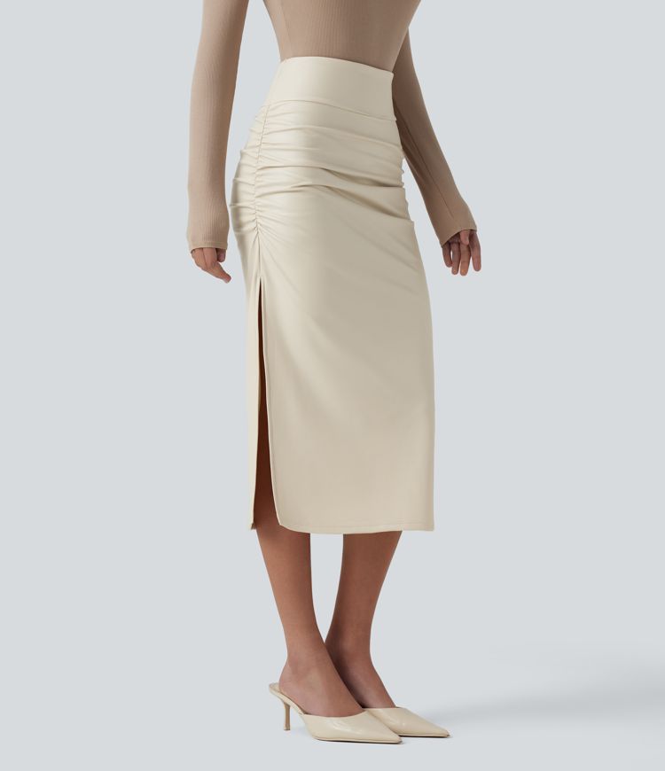 High Waisted Tummy Control Ruched Curved Hem 2-in-1 Fleece PU Midi Casual Skirt