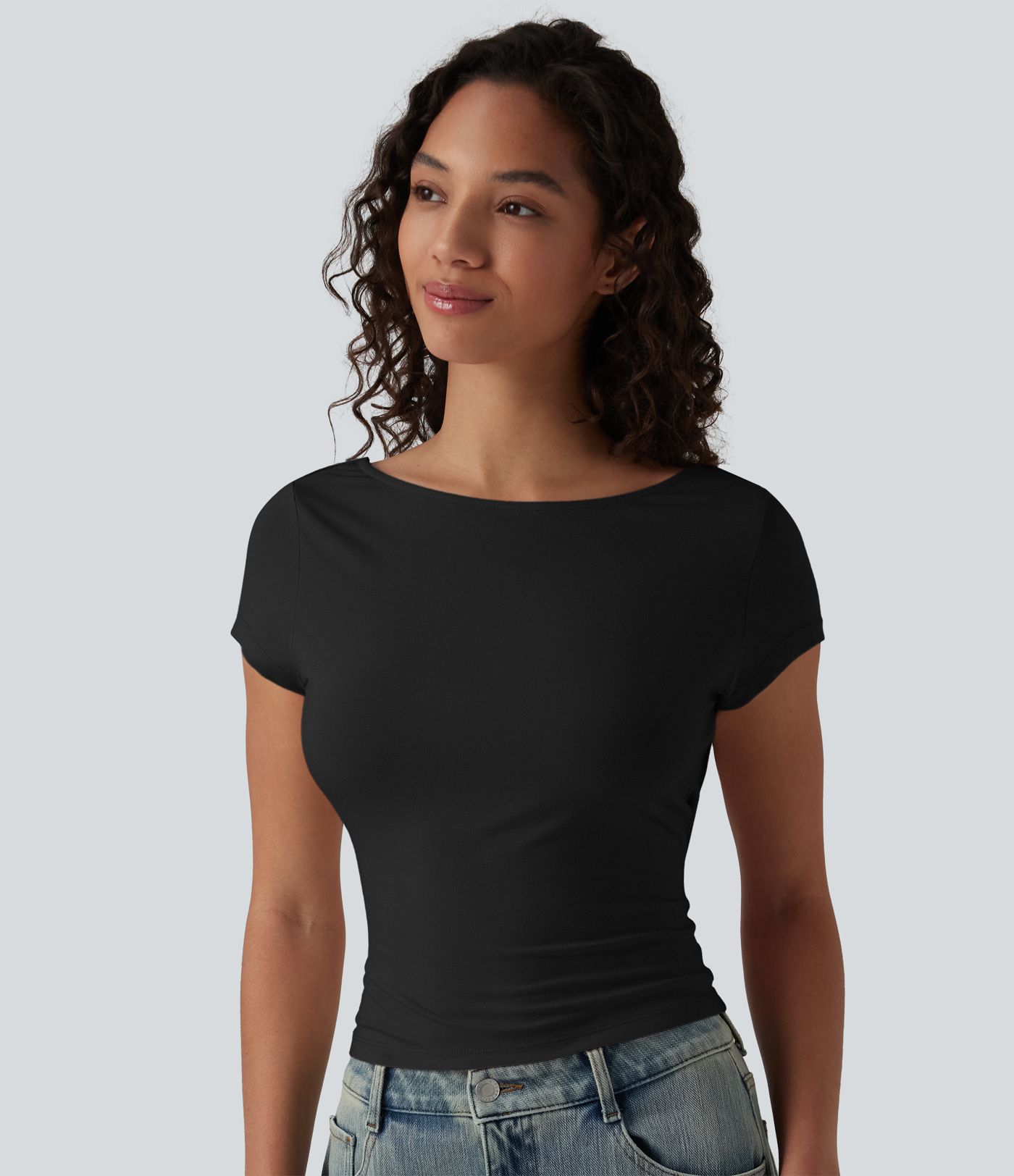 Boat Neck Short Sleeve Cowl Back Casual T-Shirt