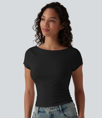 Boat Neck Short Sleeve Cowl Back Casual T-Shirt