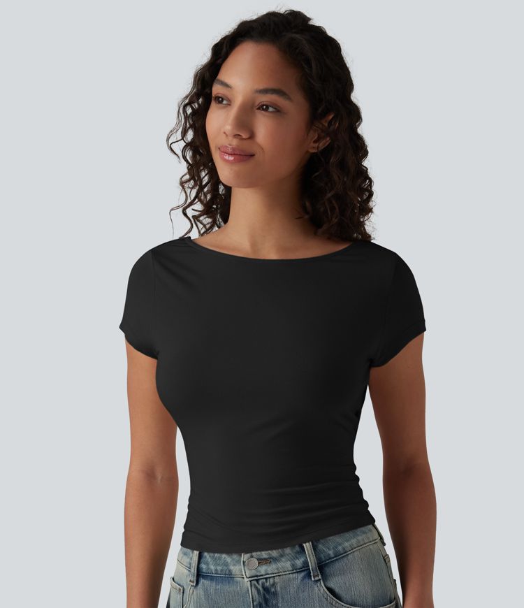 Boat Neck Short Sleeve Cowl Back Casual T-Shirt