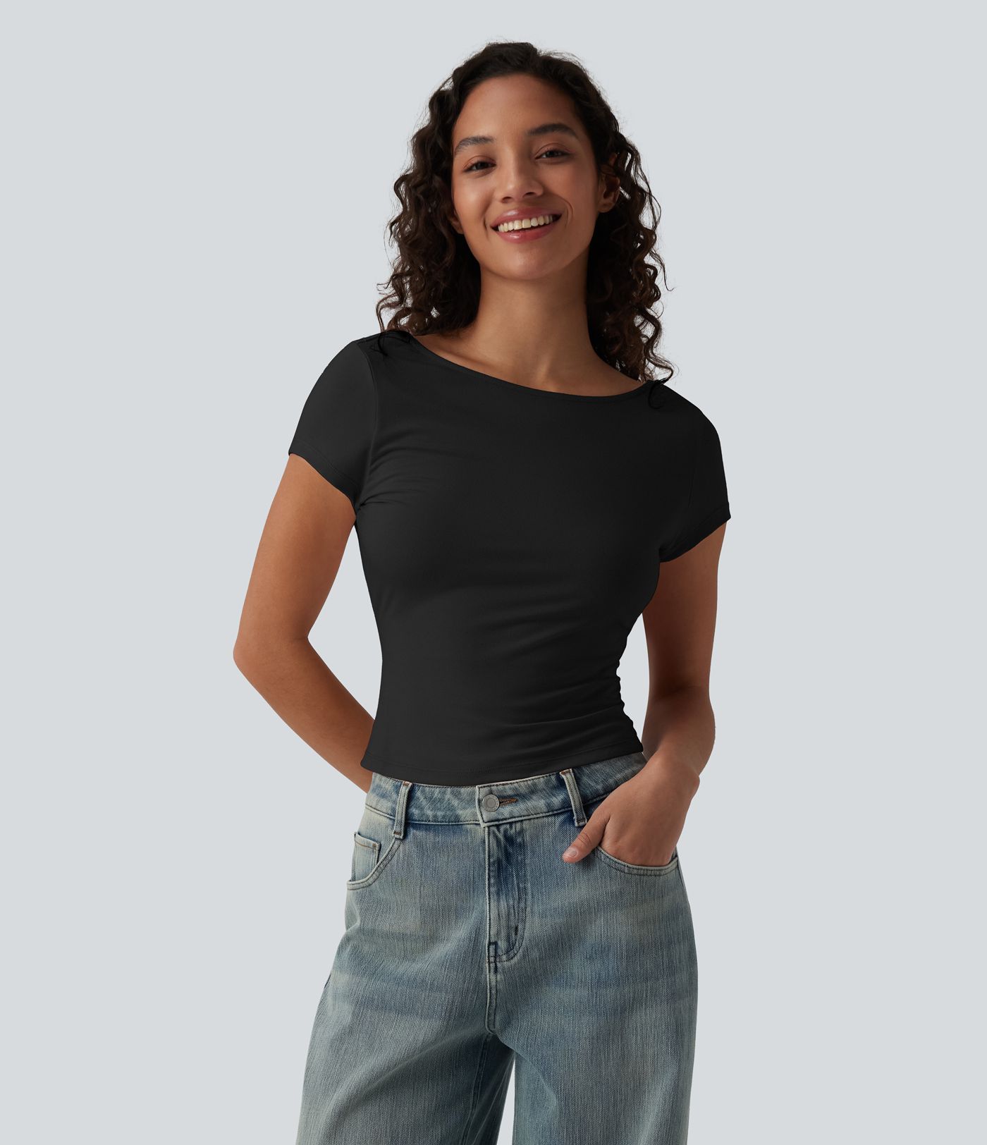 Boat Neck Short Sleeve Cowl Back Casual T-Shirt