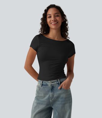 Boat Neck Short Sleeve Cowl Back Casual T-Shirt