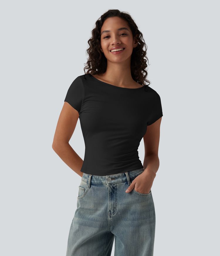 Boat Neck Short Sleeve Cowl Back Casual T-Shirt