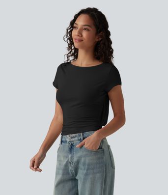 Boat Neck Short Sleeve Cowl Back Casual T-Shirt