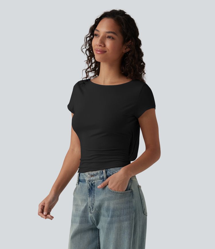 Boat Neck Short Sleeve Cowl Back Casual T-Shirt