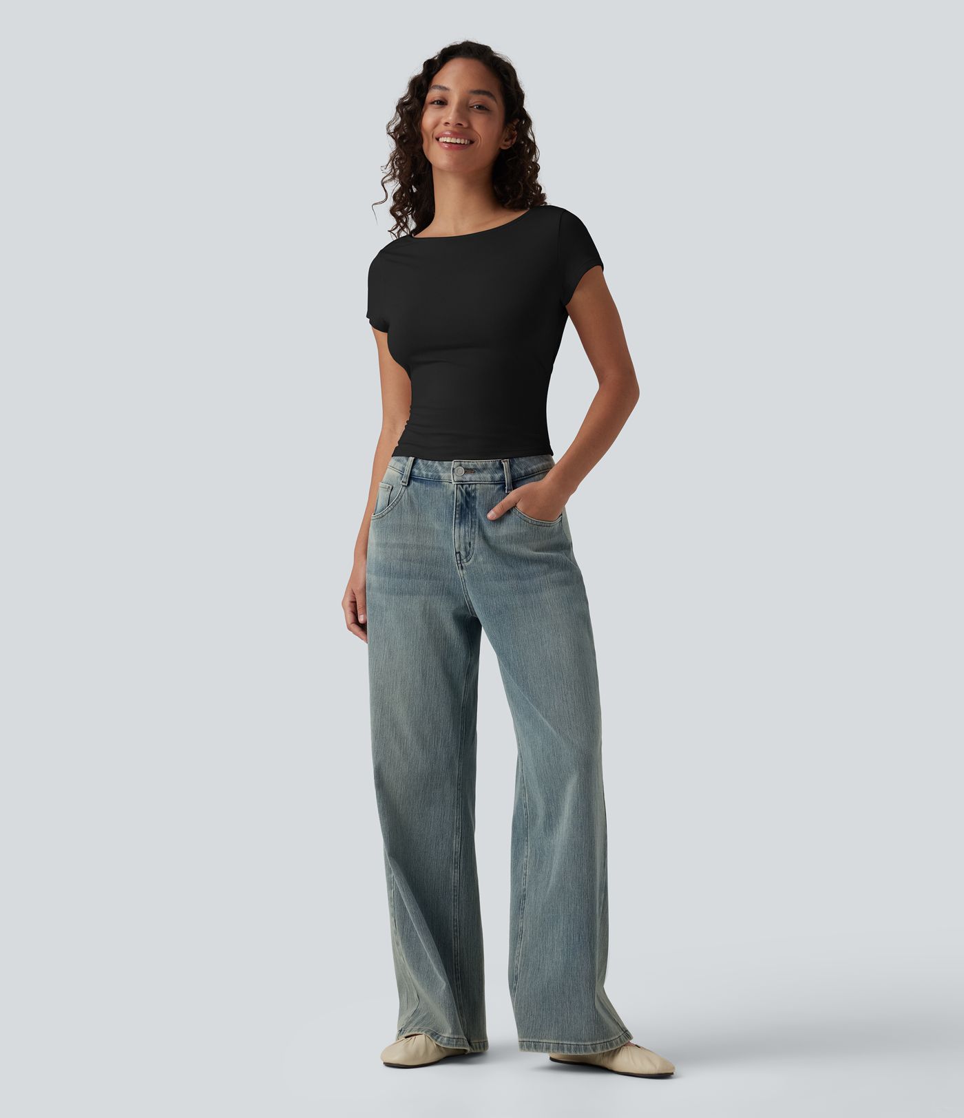 Boat Neck Short Sleeve Cowl Back Casual T-Shirt