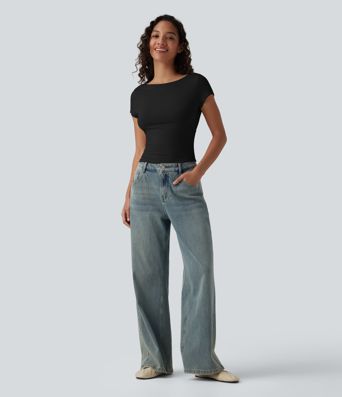 Boat Neck Short Sleeve Cowl Back Casual T-Shirt