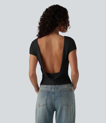 Boat Neck Short Sleeve Cowl Back Casual T-Shirt