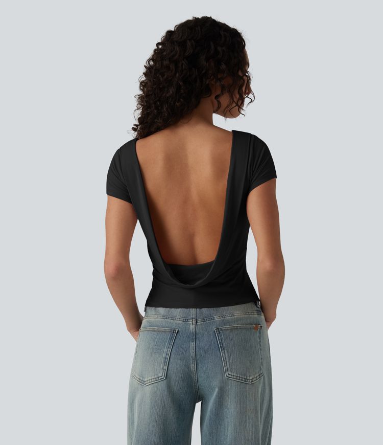 Boat Neck Short Sleeve Cowl Back Casual T-Shirt