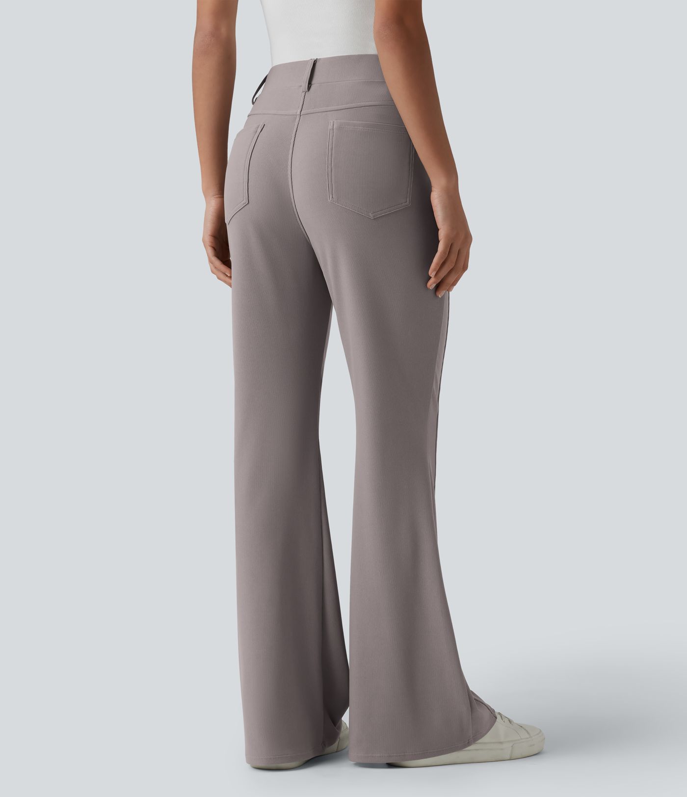 High Waisted Micro Waffle Casual Bootcut Trousers with Pockets