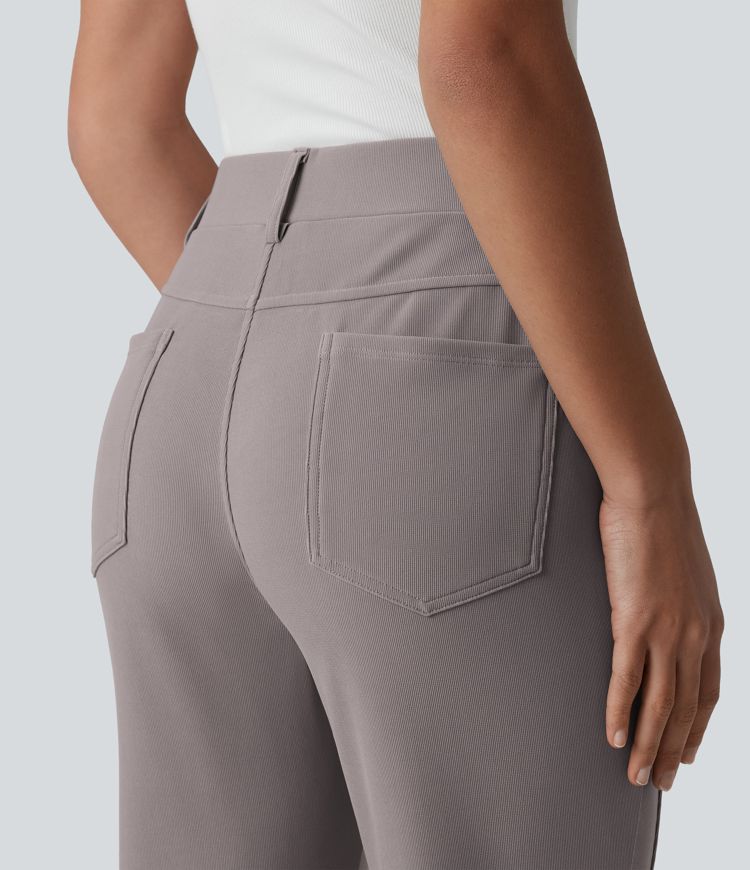 High Waisted Micro Waffle Casual Bootcut Trousers with Pockets