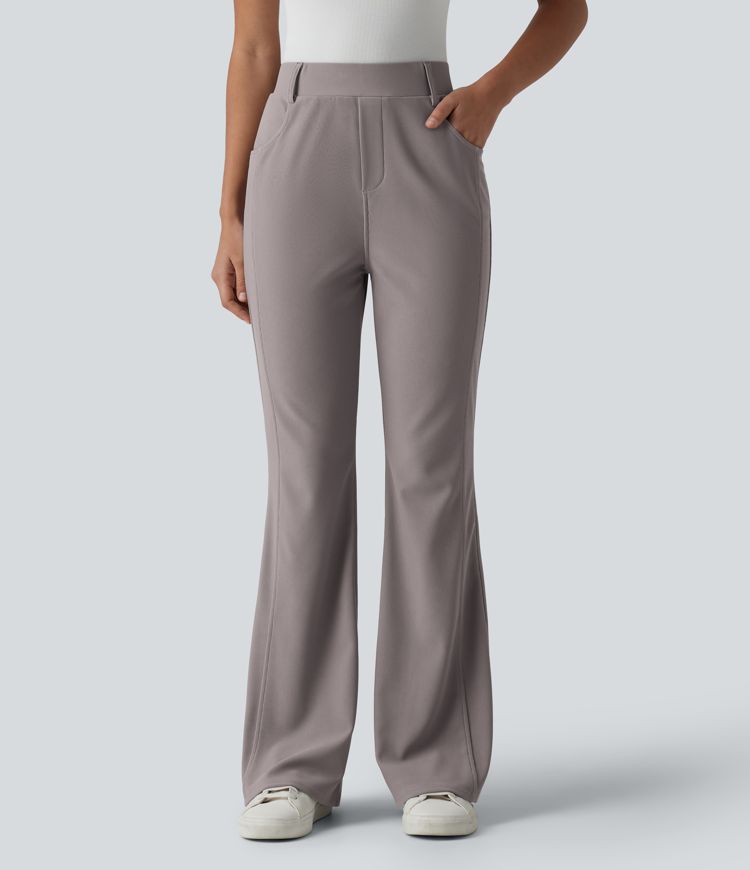 High Waisted Micro Waffle Casual Bootcut Trousers with Pockets