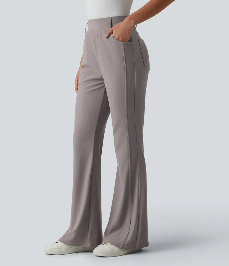 Pantalon décontracté bootcut taille haute en tissu micro-gaufré avec poches
