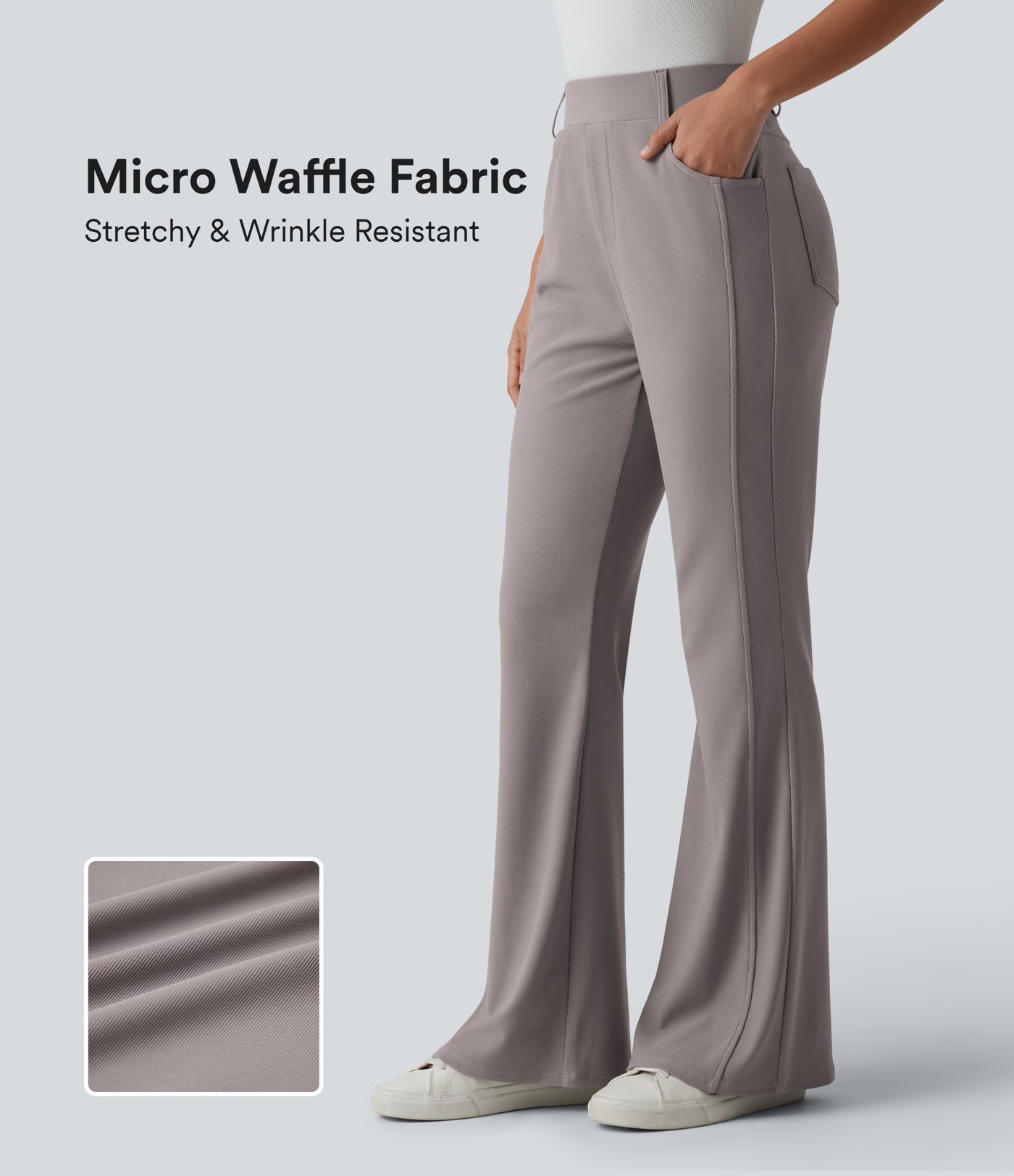 High Waisted Micro Waffle Casual Bootcut Trousers with Pockets
