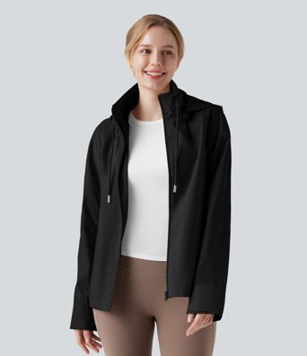 Waterproof Removable Hood Drawstring Long Sleeve Zipper Casual Windbreaker Jacket with Pockets