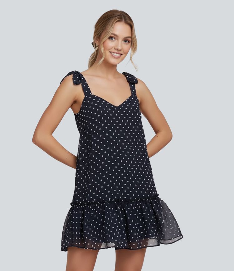 Tie Side Polka Dot Ruffle Hem Micro Mini Casual Dress