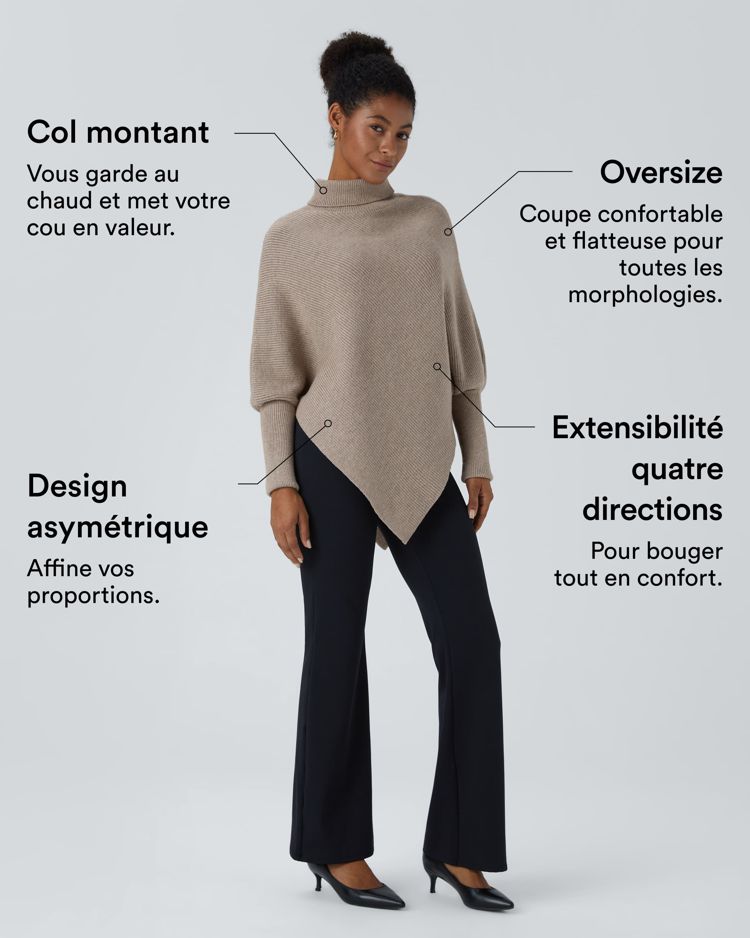 Pull cape de travail à col montant, manches longues et ourlet asymétrique