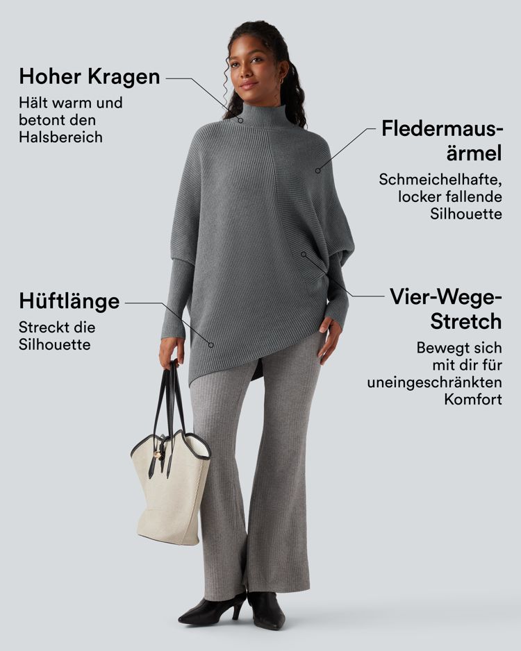 Arbeitspullover mit hochgeschlossenem Kragen, Fledermausärmeln und asymmetrischem Saum