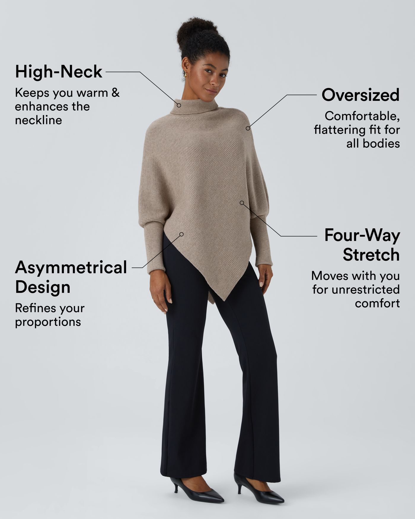 High Neck Long Sleeve Asymmetric Hem Work Sweater