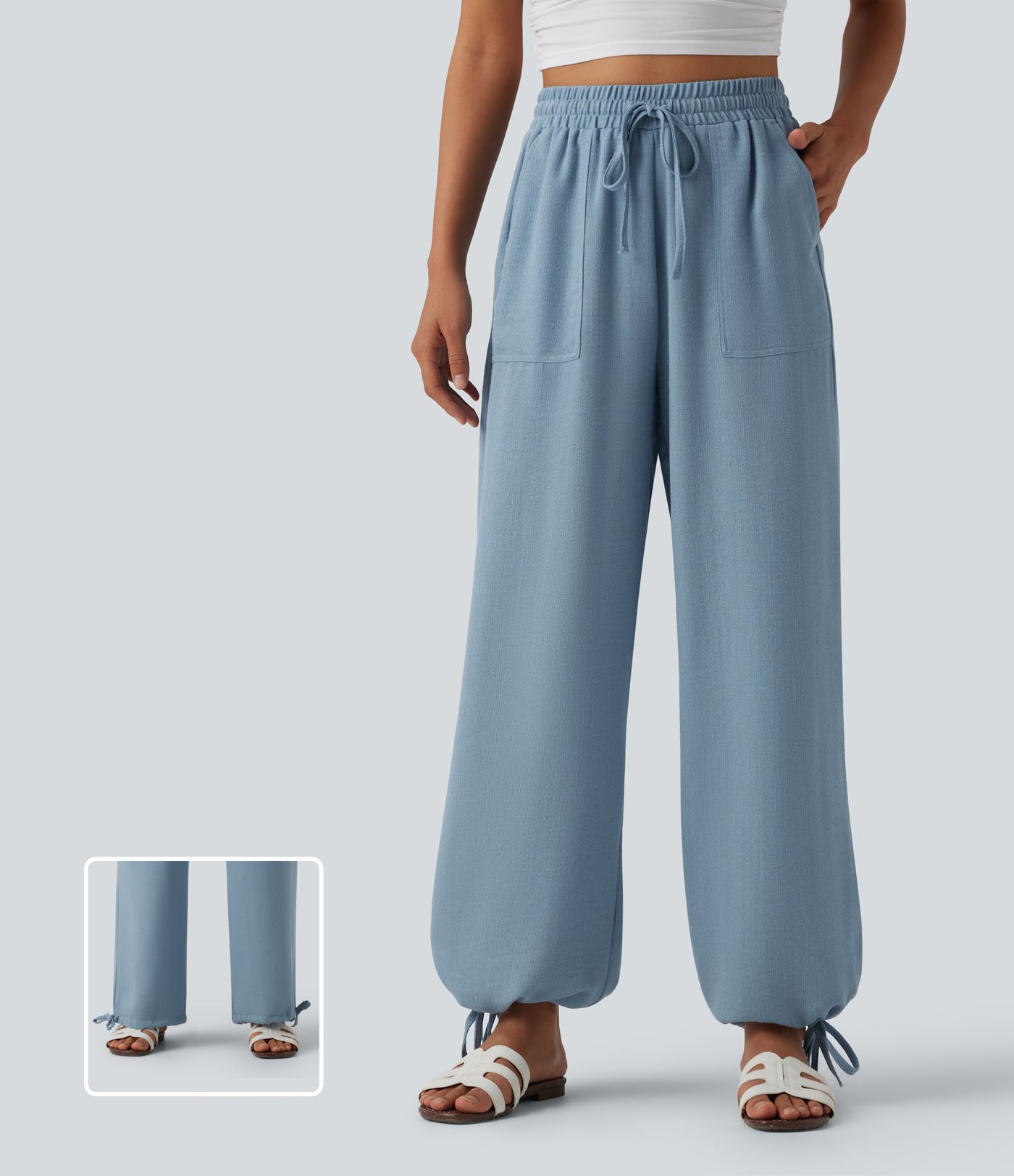 High Waisted Drawstring Wide Leg Casual Linen-Feel Joggers with Pockets High Waisted Drawstring Wide Leg Casual Linen-Feel Joggers with Pockets