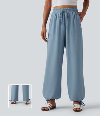 High Waisted Drawstring Wide Leg Casual Linen-Feel Joggers with Pockets High Waisted Drawstring Wide Leg Casual Linen-Feel Joggers with Pockets