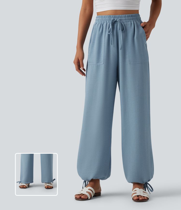 High Waisted Drawstring Wide Leg Casual Linen-Feel Joggers with Pockets High Waisted Drawstring Wide Leg Casual Linen-Feel Joggers with Pockets