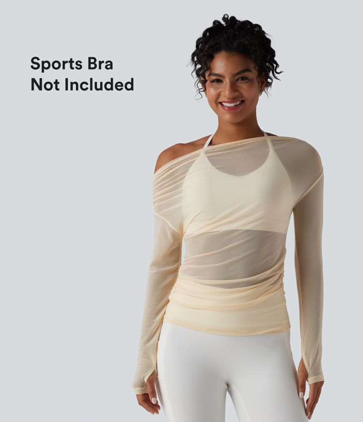Yoga-Sport-Top mit langen Ärmeln, Daumenlöchern, Kontrastmesh und One-Shoulder-Design