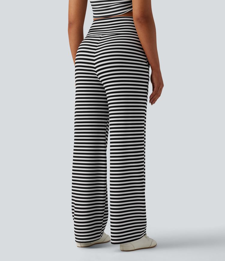 High Waisted Tummy Control Drawstring Wide Leg Stripe Waffle Casual Pants with Pockets