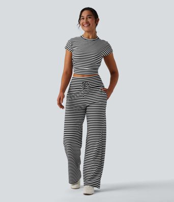 High Waisted Tummy Control Drawstring Wide Leg Stripe Waffle Casual Pants with Pockets