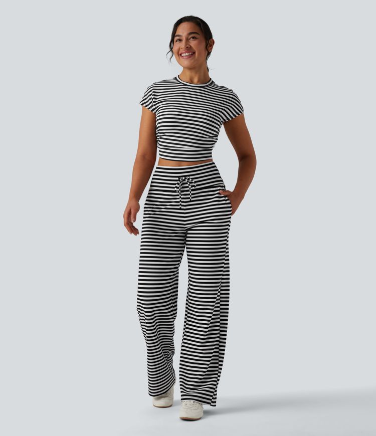 High Waisted Tummy Control Drawstring Wide Leg Stripe Waffle Casual Pants with Pockets