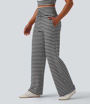 High Waisted Tummy Control Drawstring Wide Leg Stripe Waffle Casual Pants with Pockets