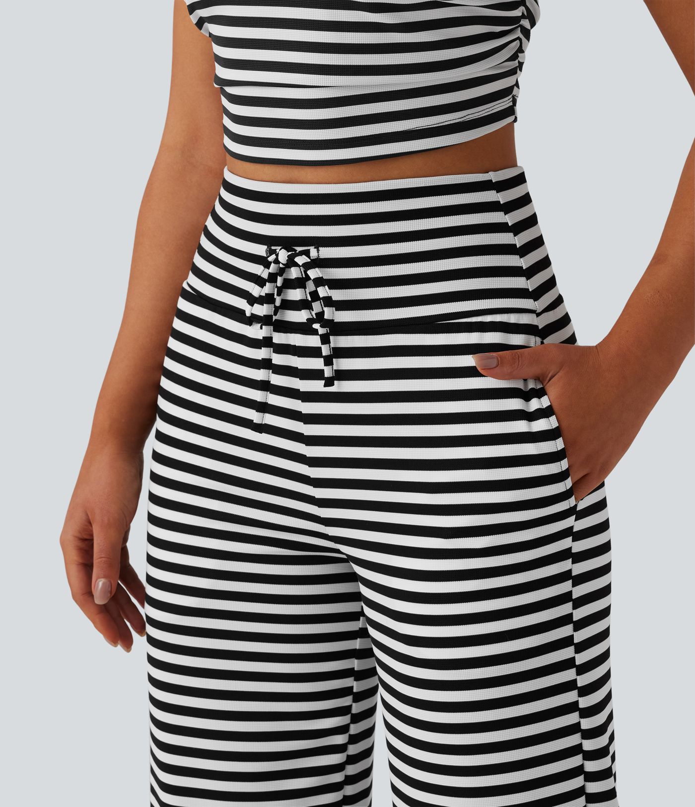 High Waisted Tummy Control Drawstring Wide Leg Stripe Waffle Casual Pants with Pockets