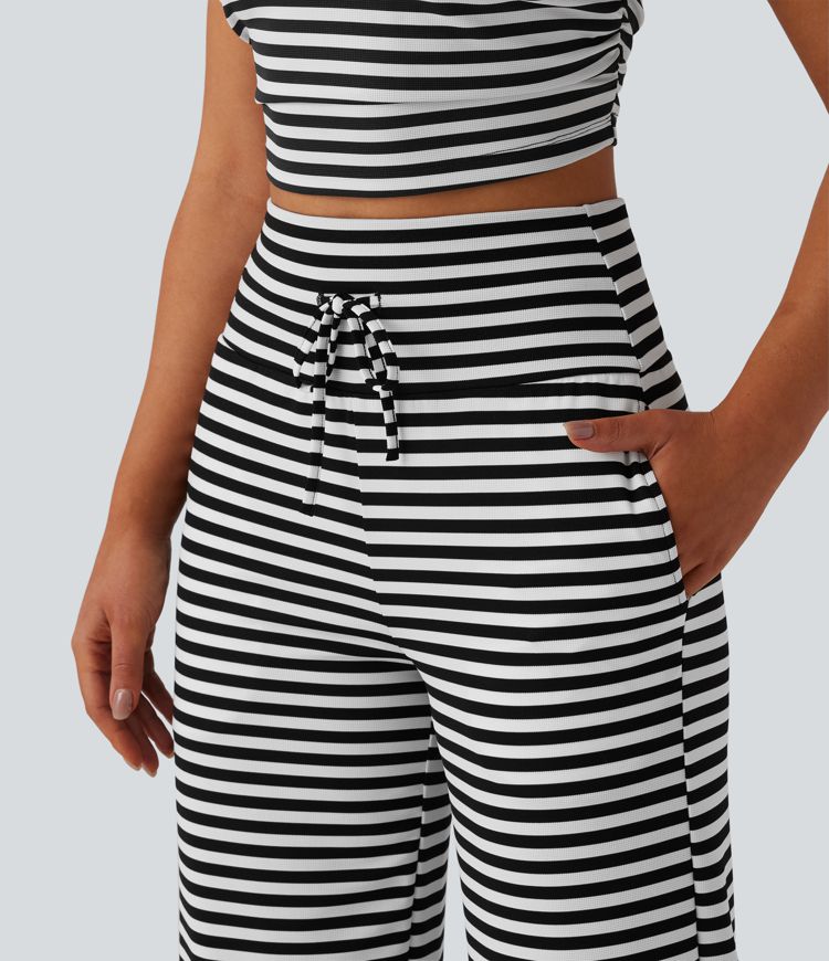 High Waisted Tummy Control Drawstring Wide Leg Stripe Waffle Casual Pants with Pockets