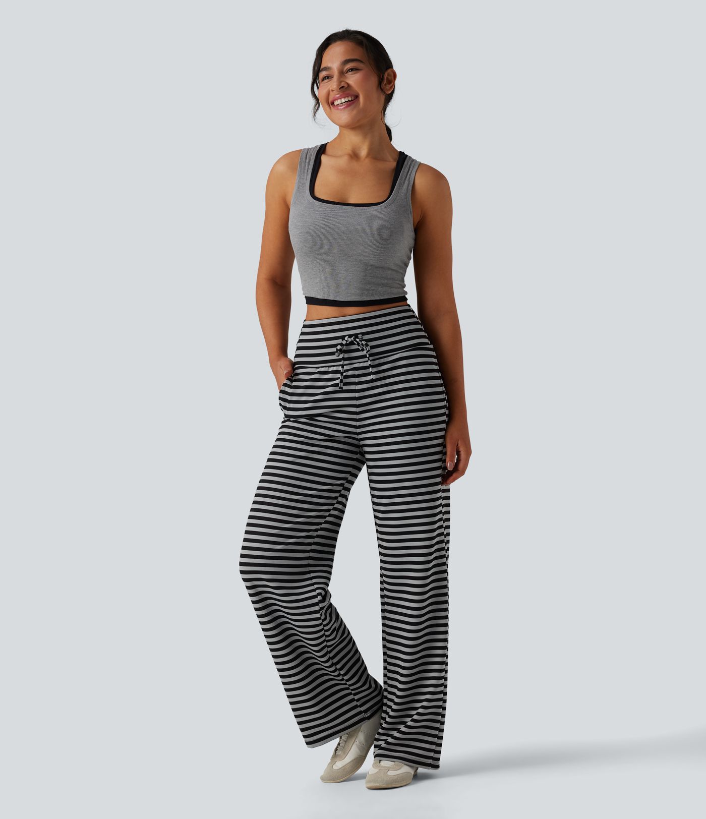 High Waisted Tummy Control Drawstring Wide Leg Stripe Waffle Casual Pants with Pockets