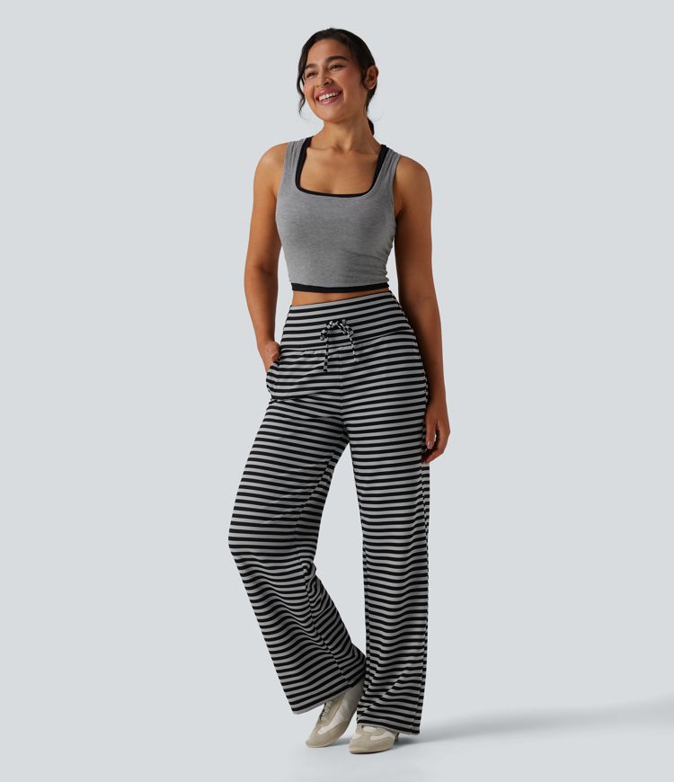 High Waisted Tummy Control Drawstring Wide Leg Stripe Waffle Casual Pants with Pockets