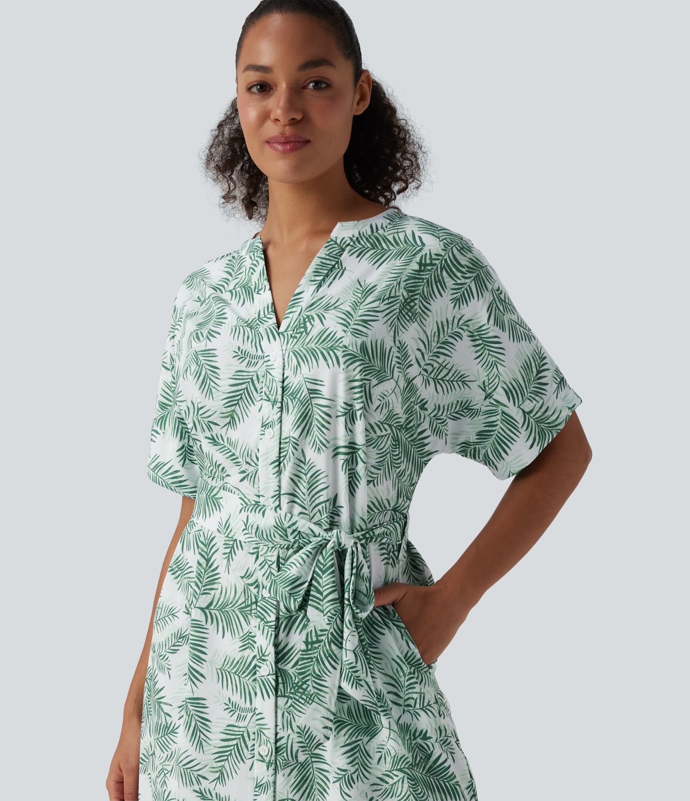 V Neck Half Sleeve Belted Floral Print Midi Work Dress with Pockets